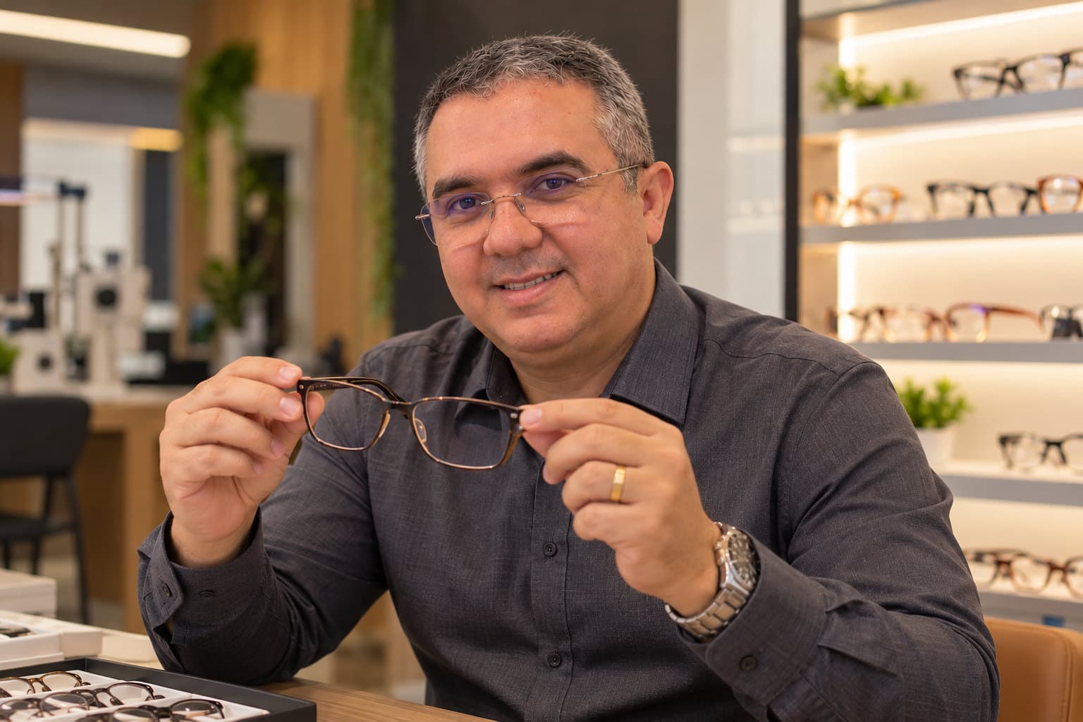 Tiago Souza, consultor óptico, mostrando uma armação de óculos, com prateleiras de armações iluminadas ao fundo